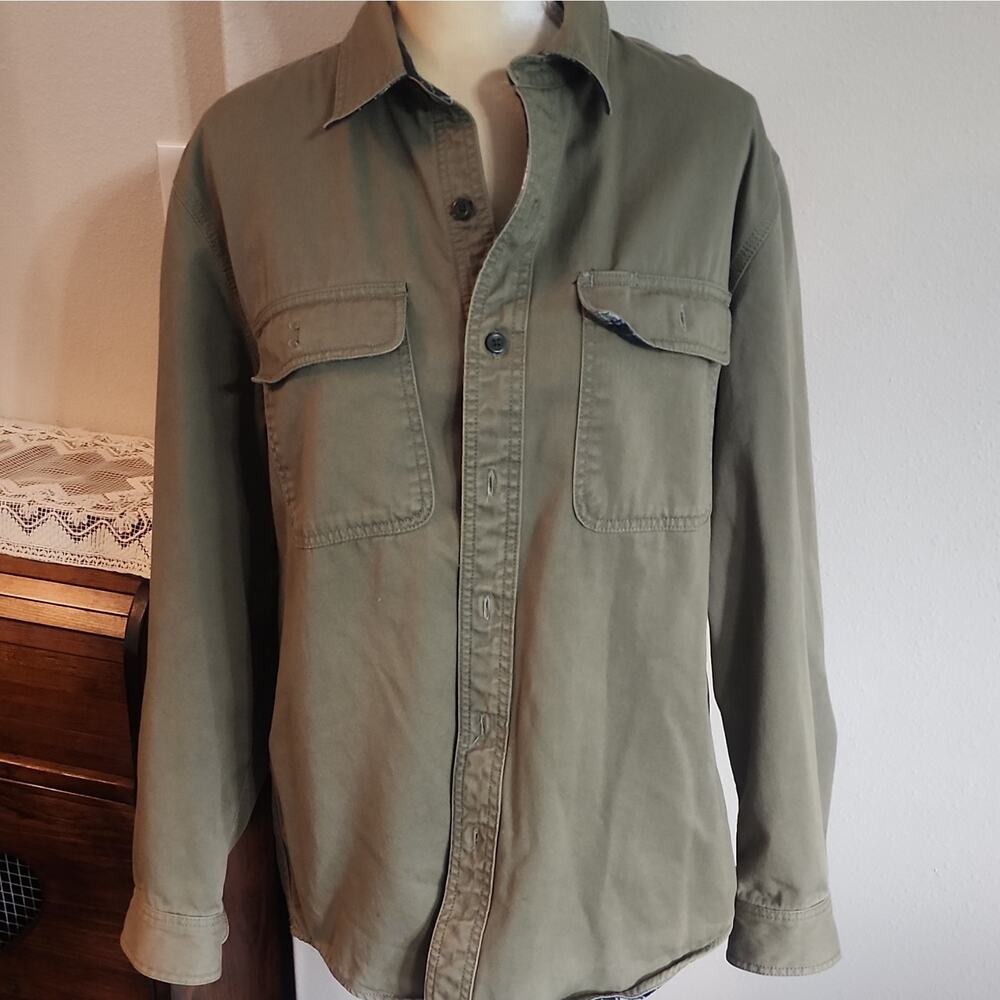 L.L. Bean Traditional Fit Cotton Twill Button-Up Shirt Olive Green M Regular